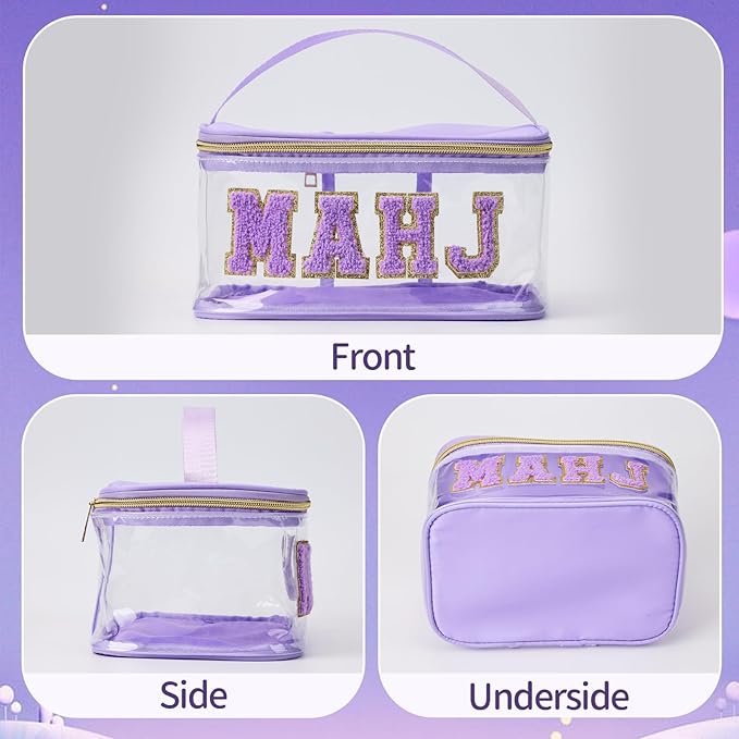 Handheld Mahjong Tile Bag, PVC Clear Mahjong Bag for 166 American Mahjong Tiles, Waterproof Mah Jong Case with Zipper & Lettters for Game Lover Gift Travel, Case Only(Purple)