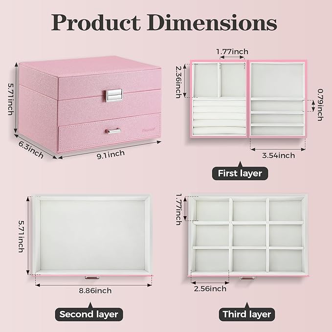 Jewelry Organizer Box, Large Jewelry Boxes for Women Girls, Space-Saving 3 Layers Jewelry Storage Case with Drawer, Gift Idea, Movable Metal Stand, Modern (Pink)