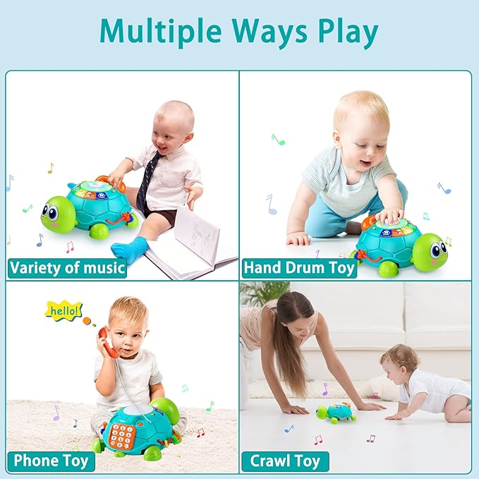 Baby Crawling Toys 6 to 12 Months, Infant Turtle Musical Toys with Phone Hand Drum，Baby 7 8 9 10 11 Months 1-2 Year Old Boy Girl Gift Green