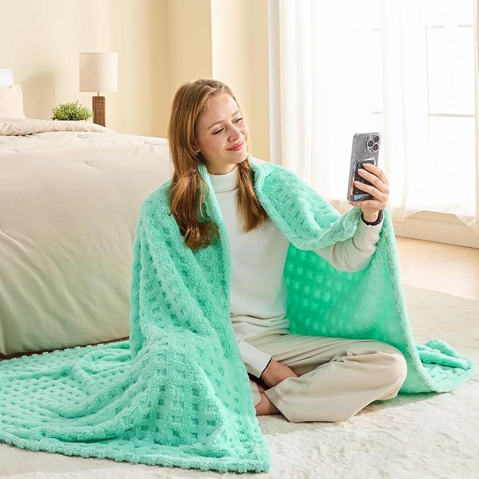 NEWCOSPLAY 3D Waffle Checkered Flannel Twin Blanket, Aqua, 60"x80" | Super Soft Cute Lightweight Decorative Premium Silky Fleece Blanket for Couch Sofa Bed, Gift for Women Men, All Season Use