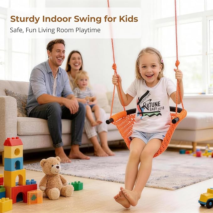 JKsmart Swing Seat for Kids Heavy Duty Rope Play Secure Children Swing Set,Perfect for Indoor,Outdoor,Playground,Home,Tree,with Snap Hooks and Swing Straps,440 lbs Capacity,Orange