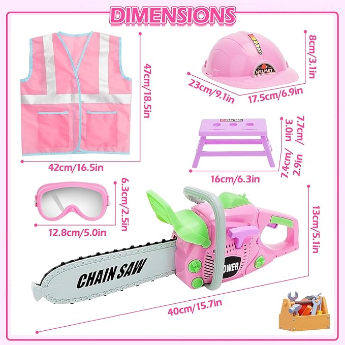 deAO Kids Tool Set Toddler Tool Kit, Pretend Play Toys Tooks with Electric Chainsaw Working Vest Hammer Accessories, Construction Tool Kit Gift for Toddler Playset Kit Girl Boy