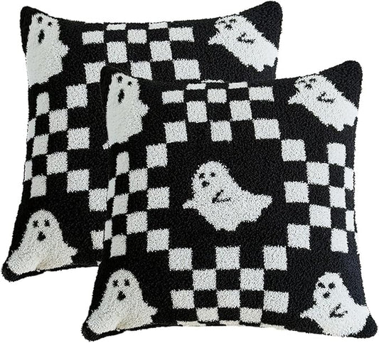 Ultra Soft Cozy Checkered Ghost Happy Halloween Knitted Throw Pillow Cover Fluffy Microfiber Checkerboard pillocase Lightweight Decorative for Sofa Bed 18 Inches Both Sides Black
