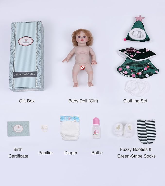Baby Dolls, 18 Inch Realistic Reborn Full Vinyl Baby Doll with Curly Hair, Hand-Painted Lifelike Details & Cozy Outfit for Girls Ages 3+, Pretend Play, Display & Collection (Green)