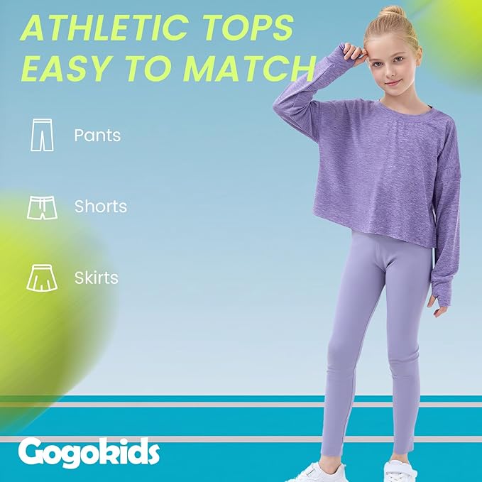 Gogokids Girls Shirts Long Sleeve Athletic Shirts Open Back Tops Active Sports Tshirts Yoga Workout Crop Tees 5-14 Years