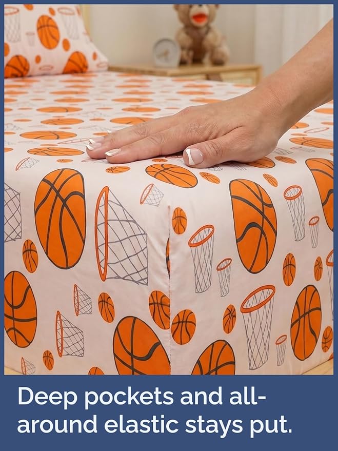 CGK Unlimited Kids Basketball Twin 3 Piece Sheet Set - Boys, Girls, Teens, Toddler - Easy Fit with Deep Pockets - Soft, Cooling & Breathable Sheets - Cute, Cozy, Fade & Wrinkle Free - Machine Washable