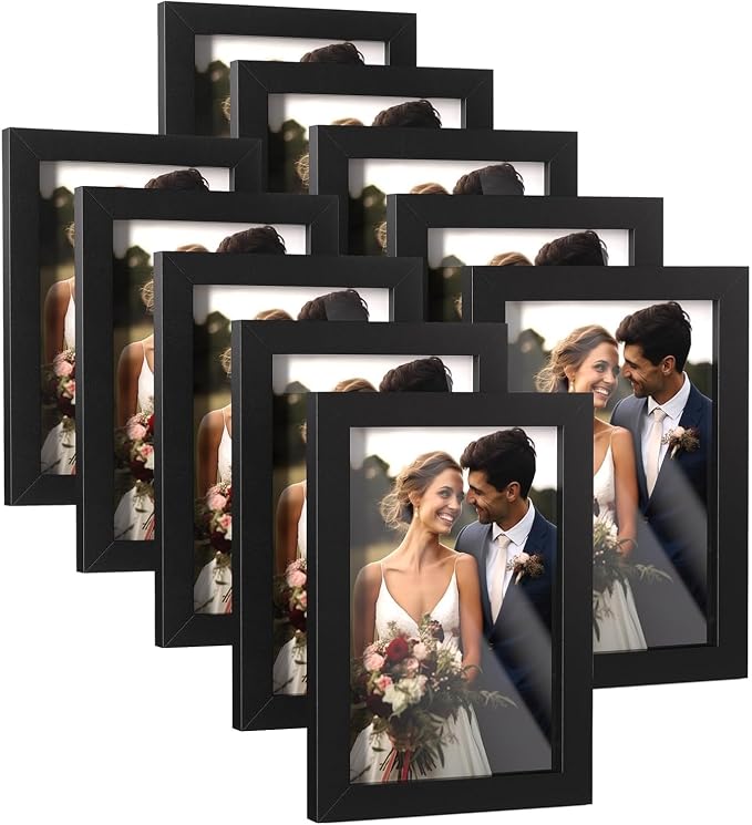 HappyHapi 4x6 Picture Frame Set of 10, Wall or Tabletop Display, Black | Black Picture Frames 4x6 Display Photos 3.5x5 with Mat or 4x6 without, Gallery Wall Frame Set, Modern Classic Home Decor