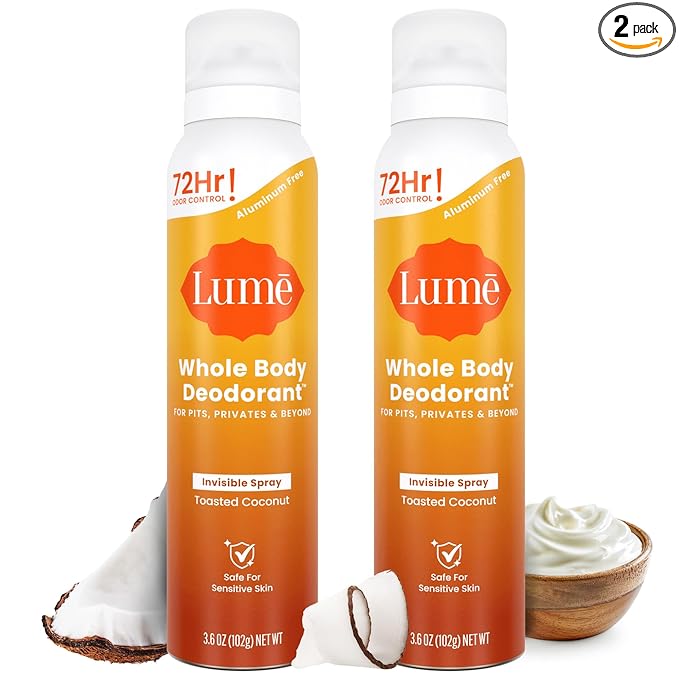 Lume Invisible Spray Deodorant For Women - Whole Body Deodorant Spray - 72Hr Odor Control - Ozone Friendly, Natural Propellant - Aluminum & Baking Soda Free, Skin Loving - 3.6oz, 2pk (Toasted Coconut)