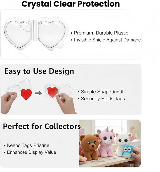 32-Pack Beanie Baby Tag Protectors – Clear Plastic Heart Tag Covers for Ty Hang Tags – Durable Sleeves for Beanie Babies, Boos, Buddies, Classics – Collector’s Tag Shield Case