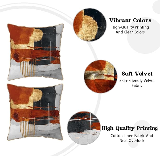 Retro Burnt Orange Gold Velvet Pillow Covers 16x16 Inch Abstract Rust Gray Black Throw Pillows For Couch Cushion Covers Pillowcase Rustic Farmhouse Pillow Cases for Sofa Bed Living Room Outdoor