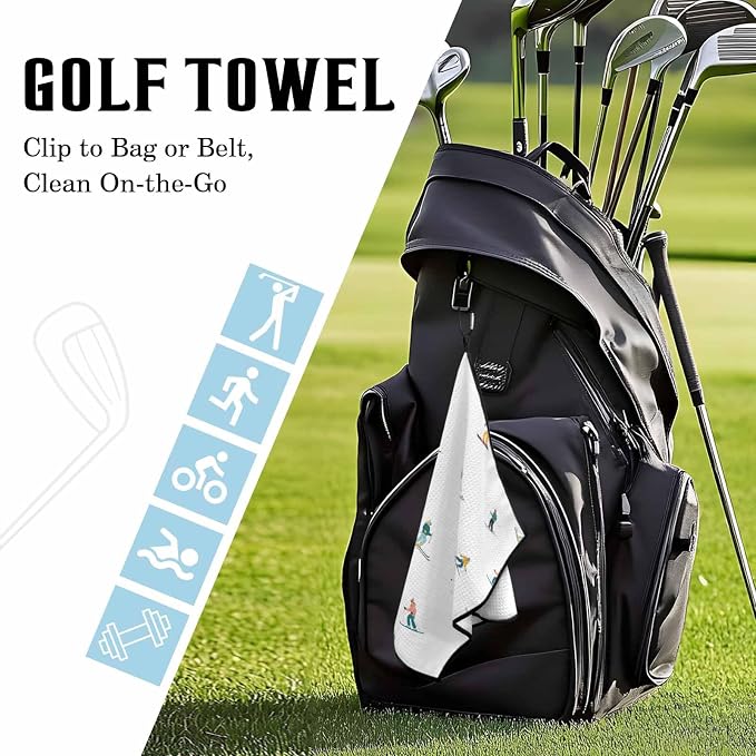 Skiing Golf Towel with Clip, Winter Snow Ski Sports Cartoon Boys Girls Skier Large Microfiber Women Men Sports Work Out Disc Golf Bag Towel for Yoga, Gym, Fitness, Swimming Towels Accessory