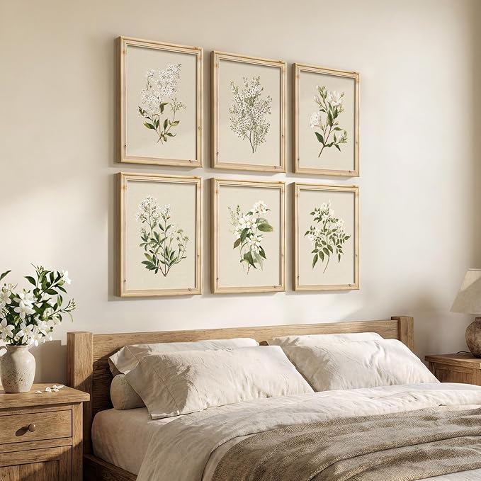 Framed Vintage Botanical Floral Wall Art for Living Room, 6 Piece 11x14 In | Neutral flower pictures, Retro wood frame, Canvas prints, Wall decor for living room bedroom hallway, Gallery wall art sets