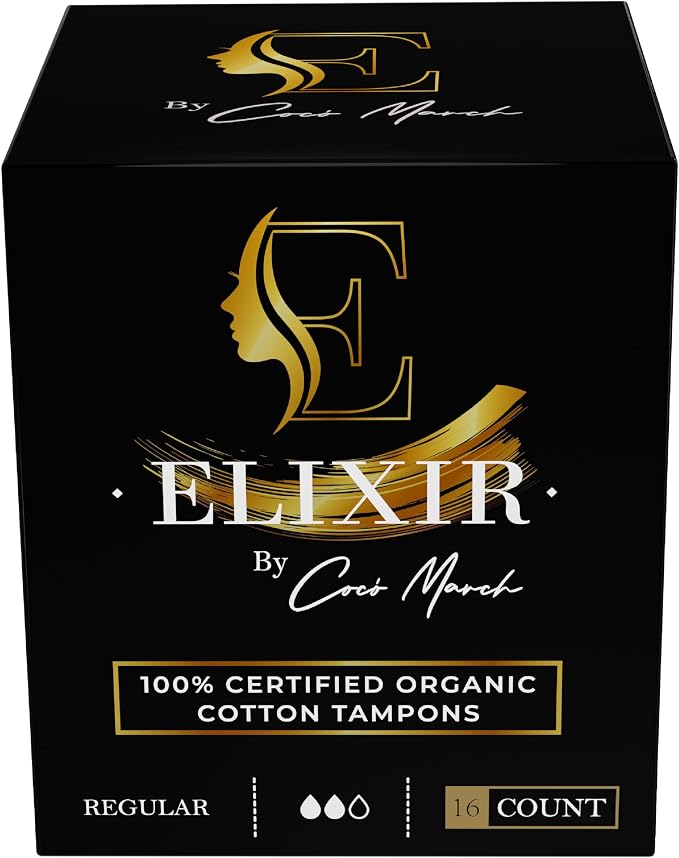 Elixir by Cocó March Organic Cotton Tampons for Women – Certified Organic, Hypoallergenic, Biodegradable Tube, Pull Cord, Sewing Thread, No Harsh Chemicals, High Absorption – Regular 16 Count
