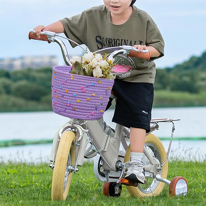 Kids Bike Basket for Boys and Girls, Children's Bicycle Basket Woven With Sisal Rope, Cute Decorative Accessories for Balance Bikes and Scooters