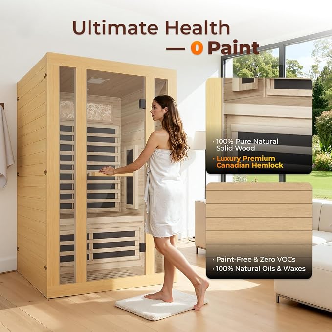 2 Person Far Infrared Sauna, Canadian Hemlock Thickened Wood, Extra-Thick Explosion-Proof Glass, 2000W Low EMF 110V with 7 Heaters, Chromotherapy Lights, Control Panel, Bluetooth Speaker, Natural Wood