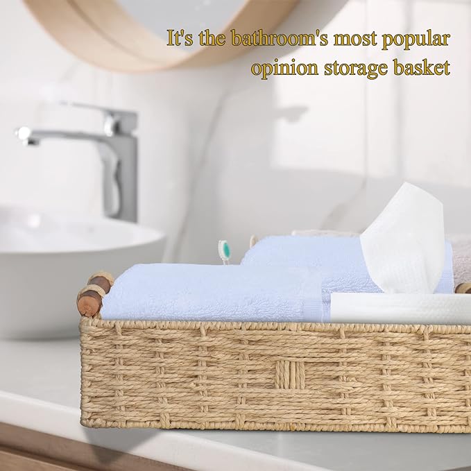 STOBSK Round Paper Rope Storage Basket with Handle, Beige, 14.5in x 6.6in x 3.74in | with Handle for Bedroom Home Decor and Shelves Apartment Countertop Use,Beige