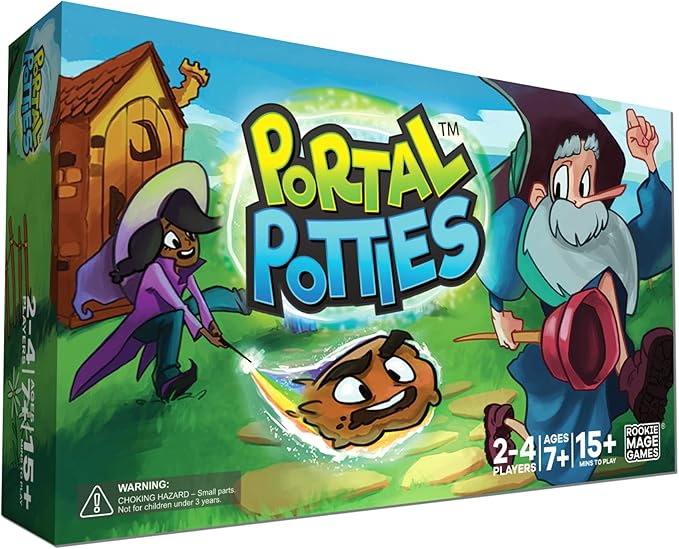Rookie Mage Games Portal Potties - Funny Last Wizard Standing Board Games for Adults & Kids - Includes Playing Cards, Poop Emoji Tokens, Colorful Potty Boards - 2 to 4 Players, Ages 7+