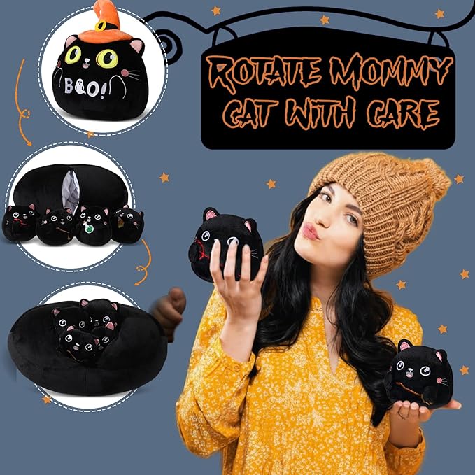 Syhood 5 Pcs Halloween Stuffed Animal Cute Black Cat Plush with 4 Babies Inside Halloween Plush Toy with Witch Hat Boo Black Cat Pillow for Party Favors Supplies Gifts Home Decor