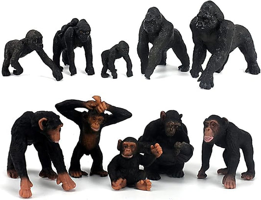 FUNSHOWCASE African Jungle Animals Toy Chimpanzees and Gorilla Figure Realistic Plastic Figurine Playset Lot 10-Piece