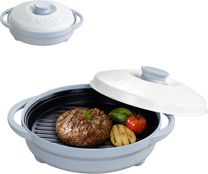 Rangemate Signature Microwave Searing Grill Pan, 750°F (400°C) Searing Crisper with Lid, Quick Meals Multi-Cooker for RV and Dorm, 100% Dishwasher Safe, Coastal Blue