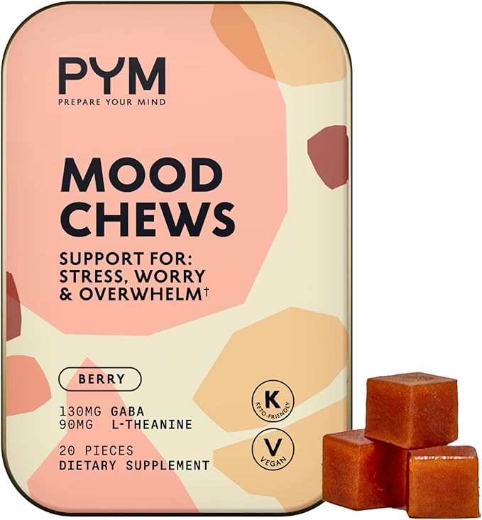 PYM Berry Mood Chews Support for Stress, Worry & Overwhelm, 20 Count | 130mg GABA, 90mg L-Theanine | Vegan, Non-GMO, Gluten-Free, No Added Sugar | All-Natural Mood Support Supplement Made in USA
