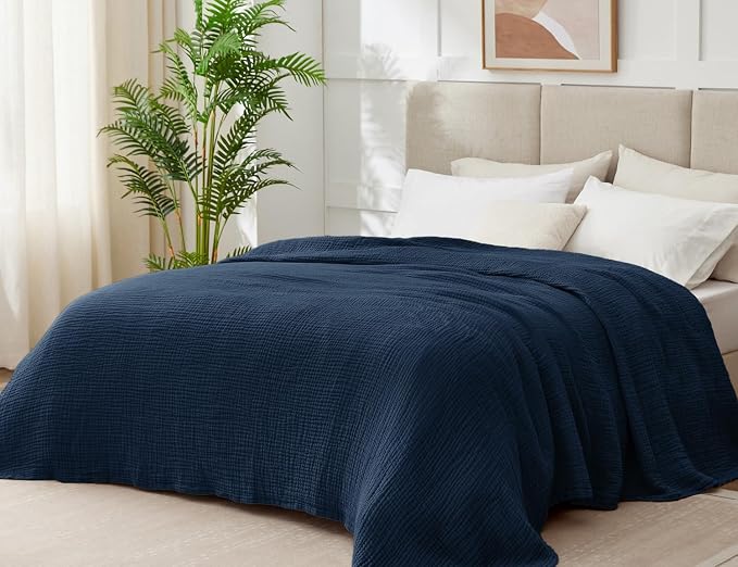 100% Cotton Muslin Blanket Queen 90" x 90", 6 Layers Breathable and Lightweight Cotton Throw Blanket for Bed, Soft Quilt Bedspread Coverlet, Gauze Blanket for Adults All Season, Navy