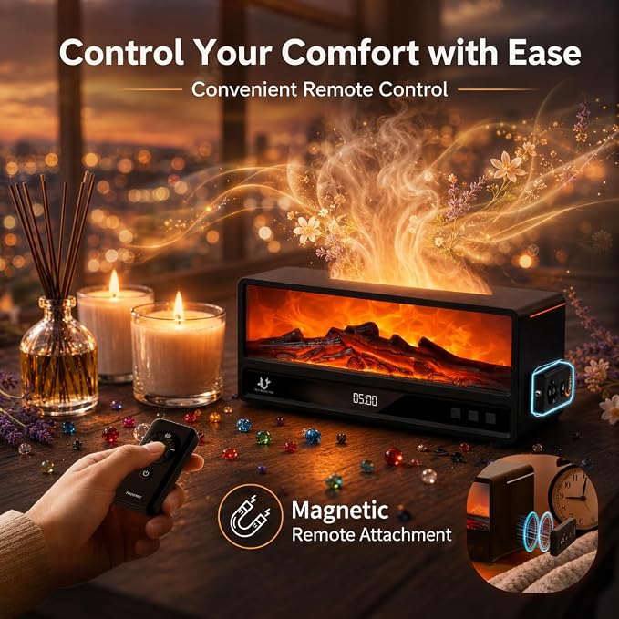 Fireplace Aroma Diffuser for Bedroom Nightstand, Essential Oil Diffuser with Realistic Flame Effect, Remote Control, Timer Auto-Off, 7 Color LED Ultrasonic Aromatherapy Diffuser for Home Office Decor
