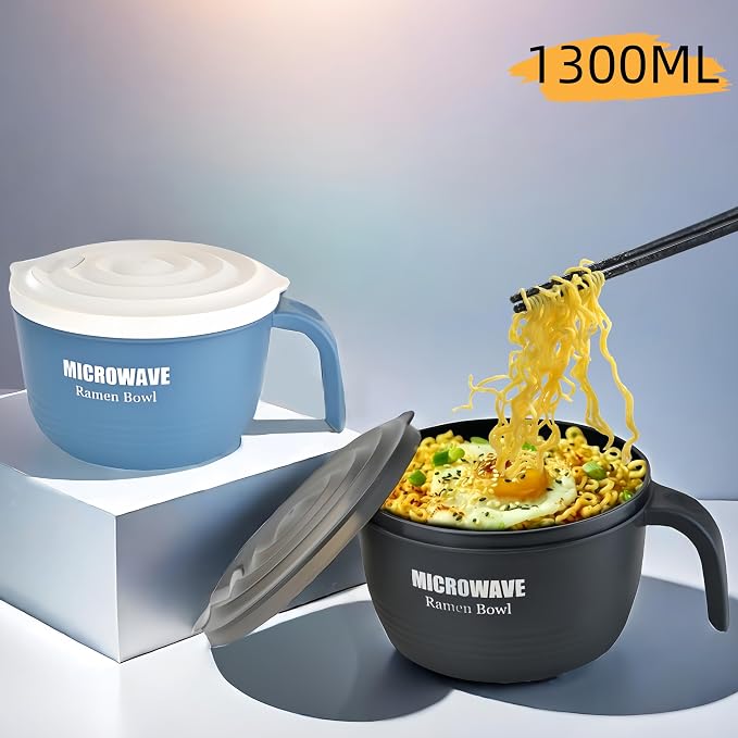 Layron 2 Sets Microwave Ramen Cooker Bowl 45 oz Instant Noodle Bowl with Handles Ramen Noodle Cooker with Spoon Chopsticks Fork Knife College Dorm Room Essentials (Black, Blue)