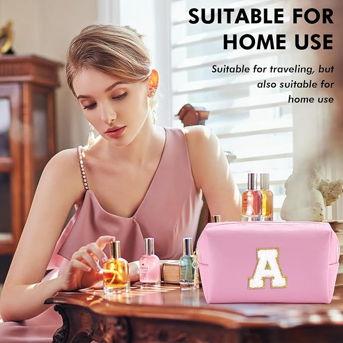 URSKYTOUS Initial Makeup Bag Personalized Preppy Cosmetic Bag Travel Toiletry Bag Waterproof PU Small Makeup Pouch Bag for Purse Birthday Gift Cute Stuff for Teen Girls Women (Pink A)