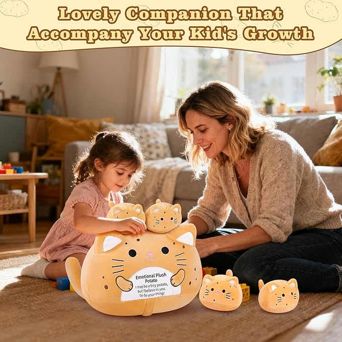 5 PCS Emotional Plush Potato Cat Stuffed Animal Family-19" Large Potato Cat Plush, Mommy Plushies with 4 Baby Kittens Plushies, Kawaii Pillow Christmas Birthday Gifts for Kids Boys Girls