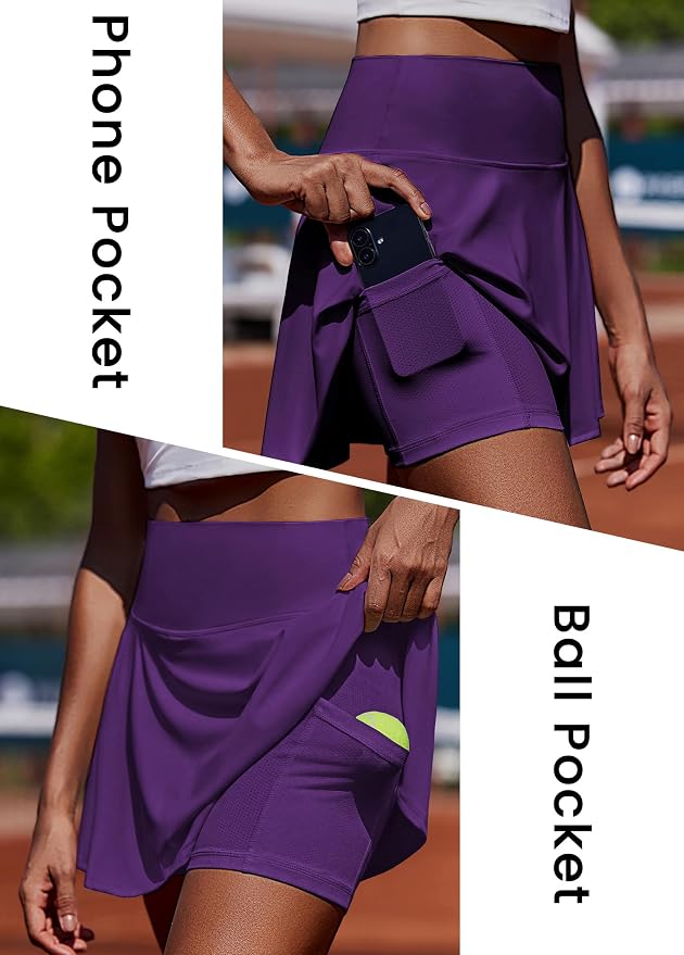 PINSPARK Womens Tennis Skirt Pleated Athletic Golf Skorts with Pockets | 3.5" High Waisted, Mesh Built-in Shorts, Mini Skirt, Buttery-Soft, Quick-dry, for Tennis, Golf, Pickleball, Casual