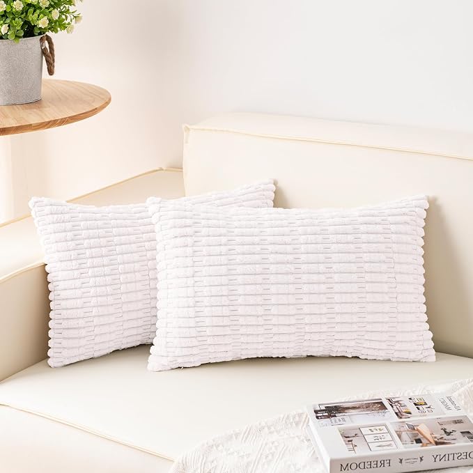 Aegero Pack of 2 Corduroy Decorative Throw Pillow Covers 12x24 Inch,White | Fall Soft Striped Pillow Covers Modern Farmhouse Home Decor Christmas Throw Pillow Covers for Sofa Living Room Couch Bed