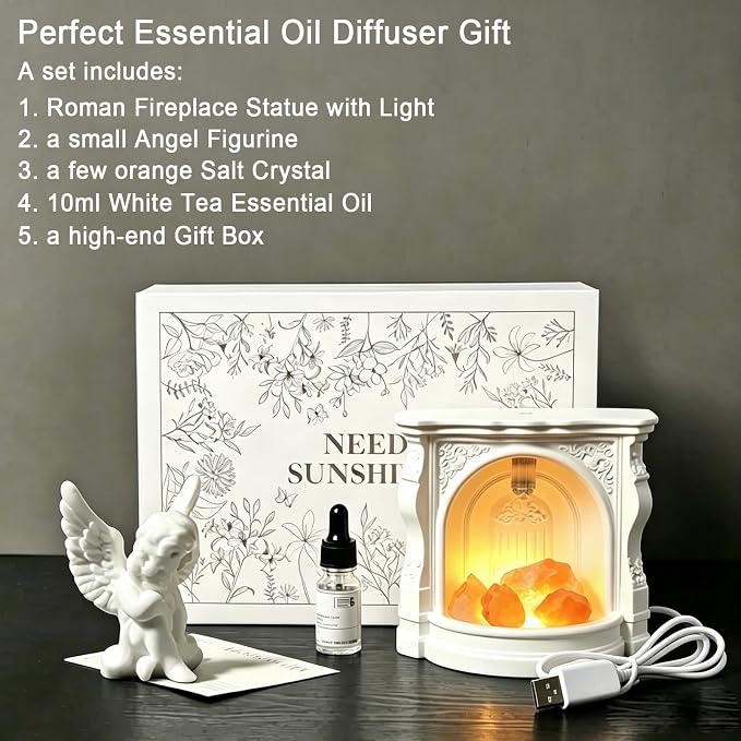 Angel Aroma Diffuser Set with Himalayan Salt & Fireplace Light, Passive Essential Oil Diffuser with White Tea Oil, Home Fragrance Decor for Bedroom, Bathroom, Office, Gift for Women