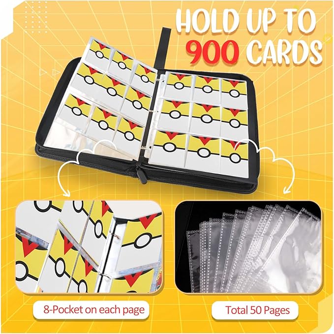900 - Pockets Trading Card Binder with Removable 50 Sleeves, Card Collector Album with Zipper, Portable Card Holder Book Fits Sports Card, Game Card - Yellow