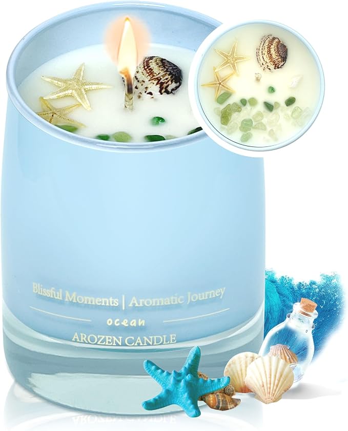 Ocean Scented Candles Gift for Women-10oz Aromatherapy Sea Beach Soy Candles for Home Scented with Healing Crystal inside-55H Burn Gifts for Valentine's Day, Birthday, Women, Mother's Day