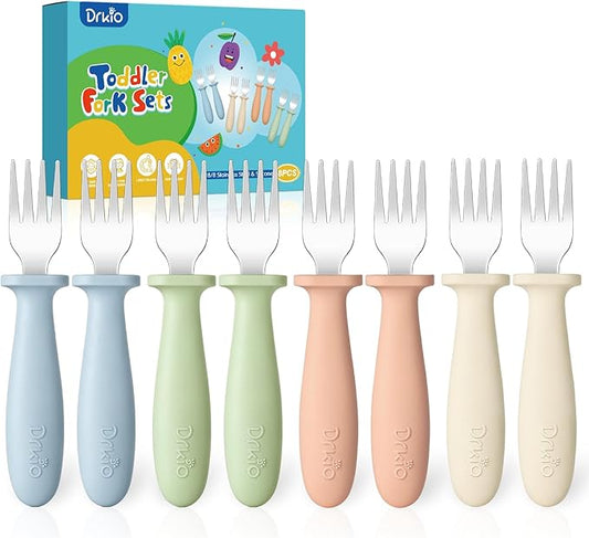 DRKIO 8 Pieces Toddler Forks Set - Baby Forks with Silicone Handle Children safe 18/8 Stainless Steel Toddler Utensils Set for Self Feeding Kids Silverware Anti-Choke Design Food Grade Dishwasher Safe
