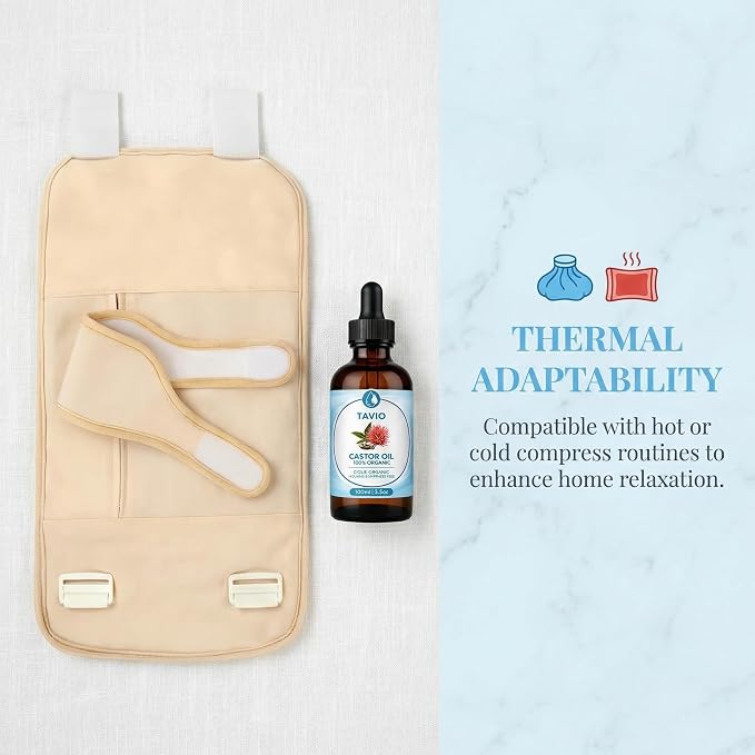 Tavio Castor Oil Pack Wrap Kit - Celara Reusable Organic Cotton Flannel Wrap for Body Comfort & Relaxation, Adjustable Wellness Pack for Stomach, Neck, Knee & Back, Hot or Cold Compress Compatible (6)