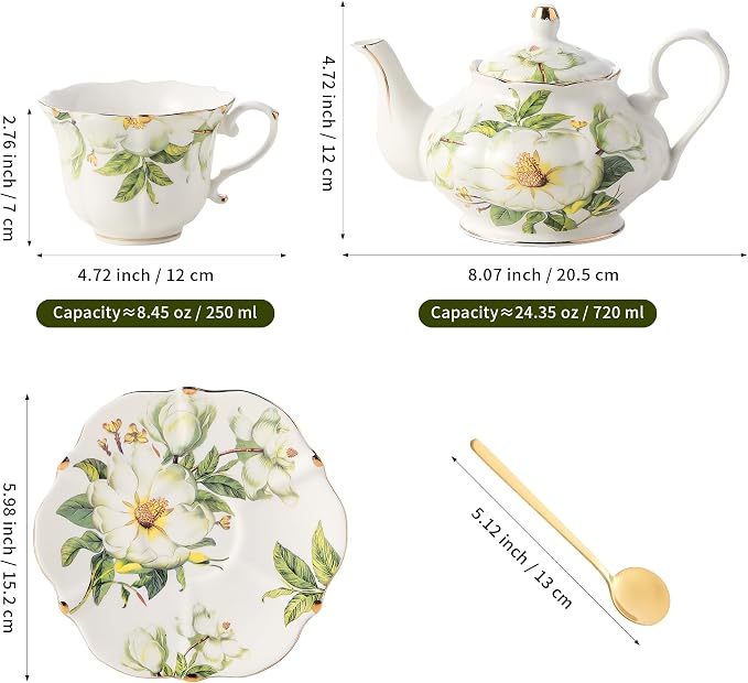 TATSUMI Country Roses Porcelain Tea Set, European Ceramic tea set for one or two,Vintage Style, For Women and Tea Parties (Green, 7 Pieces Set)