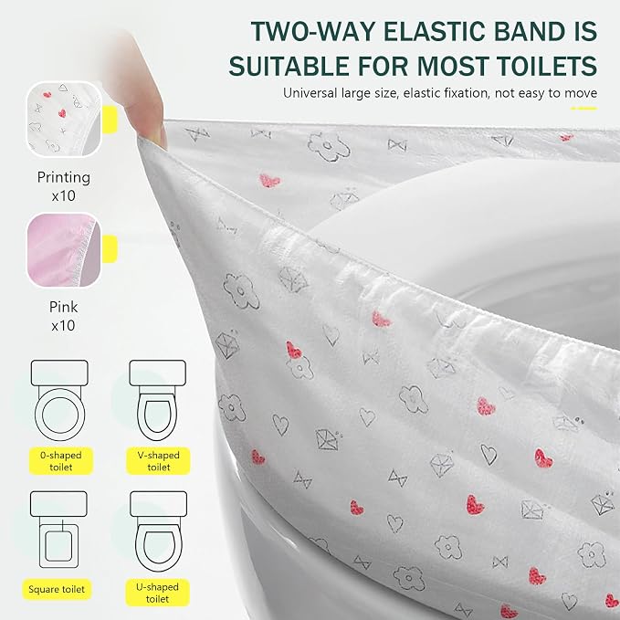 Elastic Large Size Disposable Toilet Seat Covers for Travel,20 Pack Waterproof Toilet Seat Covers for Bathroom,Fit for V/U/O/Square Shape Toilet,Individually Wrapped (2 colors-D set)