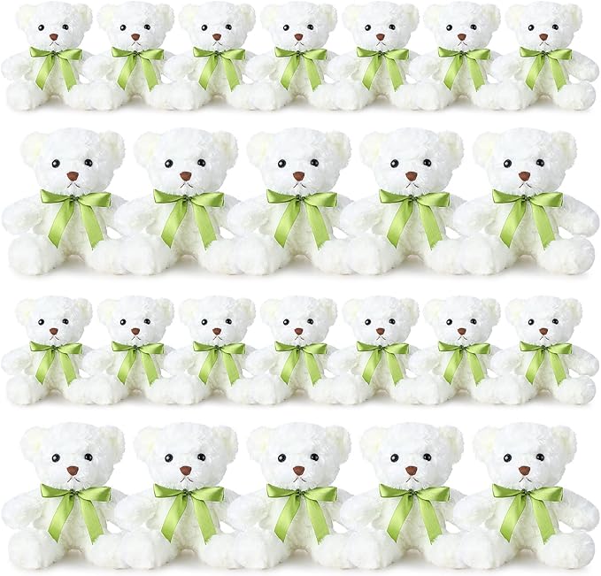 Hungdao 24 Pcs Bear Bulk Plush Stuffed Animals 10 Inch Cute Soft Stuffed Bear with Green Bow for Baby Shower Birthday Party Gift (White)
