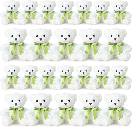 Hungdao 24 Pcs Bear Bulk Plush Stuffed Animals 10 Inch Cute Soft Stuffed Bear with Green Bow for Baby Shower Birthday Party Gift (White)