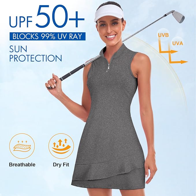 Viracy Tennis Dress for Women Sleeveless Golf Dresses with Shorts and Pockets Ruffle Zip Up Stand Collar Golf Outfits