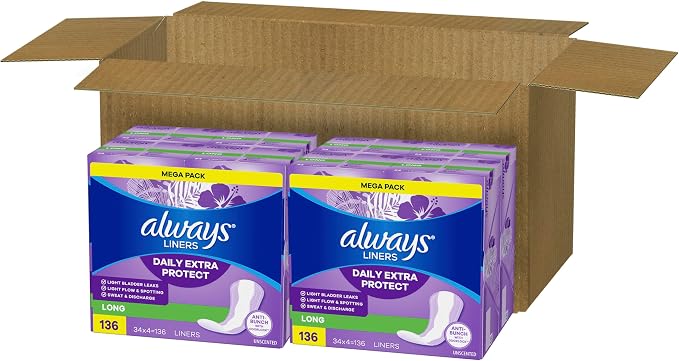 Always Panty Liners for Women Anti-Bunch Xtra Protection Daily Liners, Long, Unscented, 136 Count x 2 (272 Total)