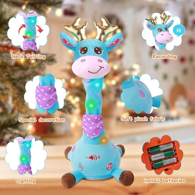 LUKETURE Dancing Talking Singing Blue Giraffe Stuffed Plush with Golden Antlers,Interactive Stuffed Animal Toy, Musical Plush with Record & Repeat, Sings 10 Songs, LED Lights