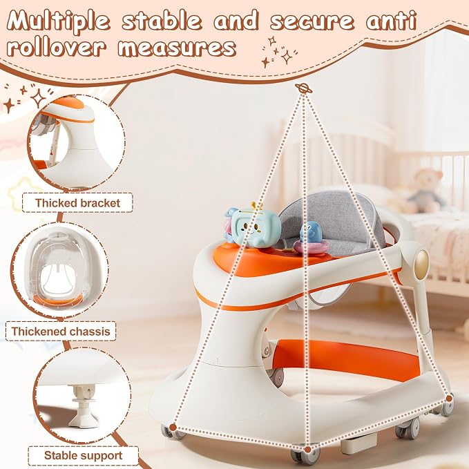 Foldable Baby Walker with Wheels, Activity Toddler Walkers for Boys Girls | 5-in-1 Design, Adjustable Height, Feeding & Music Tray, Contains batteries, Push Walker, Anti-Rollover, Detachable Seat