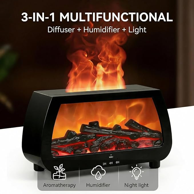 Essential Oil Diffuser with Fireplace Flame Lamp,Aromatherapy Aroma Humidifier, 7 Colors Noiseless Remote Control,Timer & Auto Shut-Off for Home Bedroom Office Spa Yoga