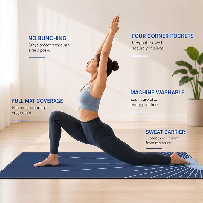 Yoga Mat Towel, Hot Yoga Non Slip with 4 Corner Pockets, 70 x 26 in | Soft Absorbent Microfiber With Four Corner Pockets, Fits Over Yoga Mats For Hot Yoga, Pilates, Gym, And Travel