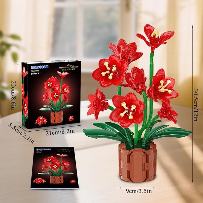 Amaryllis Flowers Bonsai Building Set, Botanical Collection Building Block, Artificial Plant Kit Home Decor, 503 PCS Flower Bouquet Bonsai for Her Adults Kids Boys Girls 12+