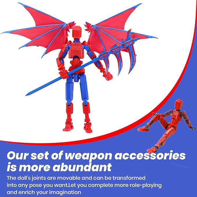 Titan 13 Robot Action Figure,Dummy 13,Articulated Robot with Demon Wings, 3D Printed robo 13 Action Figure Articulated (Red Blue)