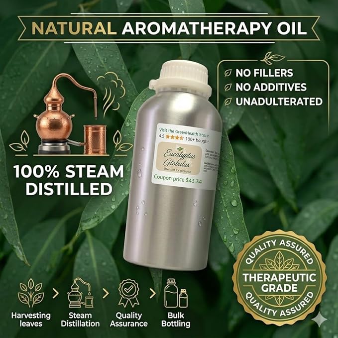 GreenHealth Eucalyptus Essential Oil – 32 fl oz (946 ml) – 100% Pure & Natural – Bulk Aromatherapy Oil in Aluminum Bottle – for Diffuser, Cleaning, Air Freshener, Home Fragrance